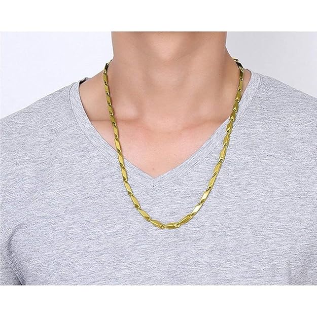 Stainless Steel Rice Chain Gold Plated Twisted Bar Design for Men and Boys (Gold)