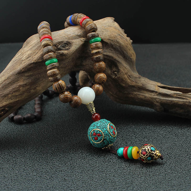 Stylish Wood Bead Long Necklace with Blue Pendant with Turquoise Stone, Decorative Pendant, Multicolour for Men & Boys or WOmen (36 Inch)