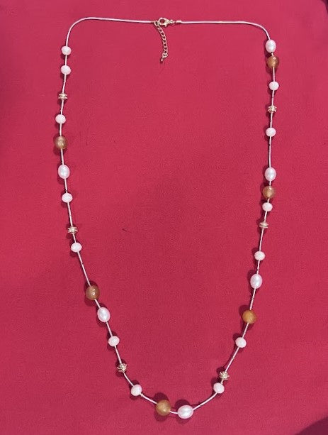 Pearl and Amber Beaded Necklace, Long Length, Blue-Tone Accents, Pink Cord For Women Size 19" Long