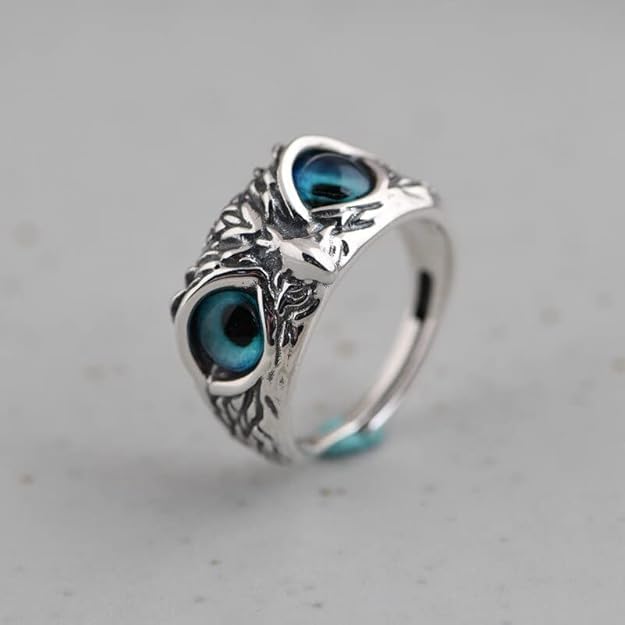 Evil Blue Eye Owl Face Ring Silver Alloy Adjustable Ring For Men Boys Women Girls