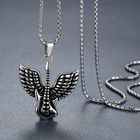 Stainless Steel Angel Wing Guitar Pendant Necklace Unisex 21" Link Chain