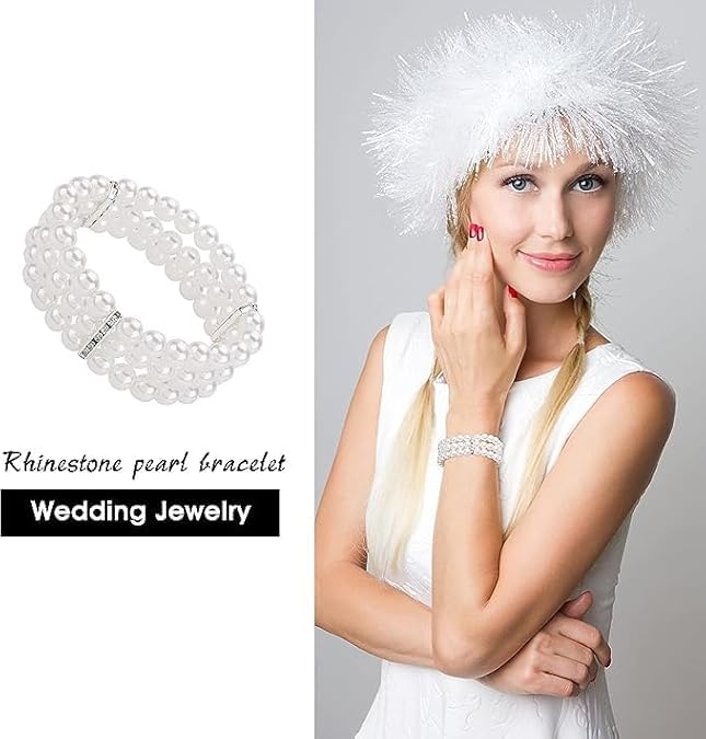 Crystal Bracelet White Pearl Stone Three -Layer Bracelet | Plain Bead With Stone | Round Free Size Elastic Natural Handmade Bracelet For Girls & Womens White