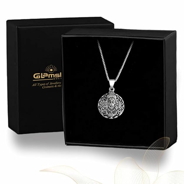 Bajrangbali Hanuman idol Monkey God of Devotion Locket Silver Zinc and Metal Pendant Necklace Chain For Men 22"