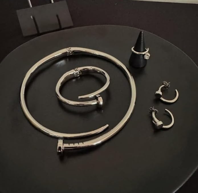 Stainless Steel Women Simple Versatile Style Nail Adjustable Ring Bracelet Earings Necklace Collar Jewellery 4 Piece Set