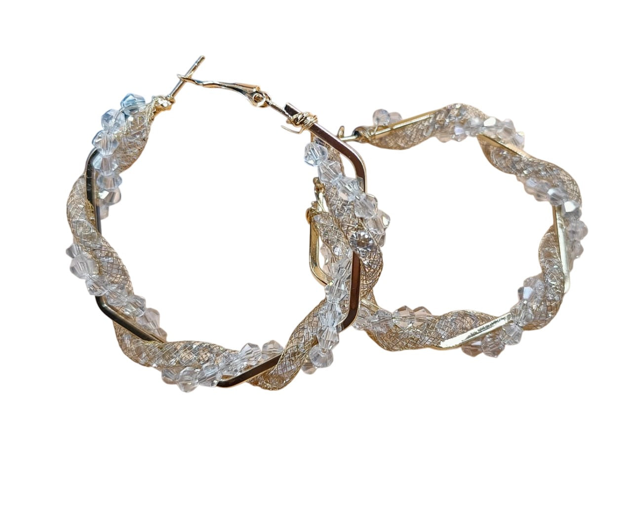 Crystal Beaded Hoop Earrings, Gold-Toned Twisted Mesh Design, Clear Glass Beads for Women