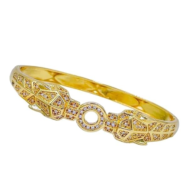 Dual Panther Evil Eye Enamel Cubic Zirconia Copper Gold Bangle Kada Women