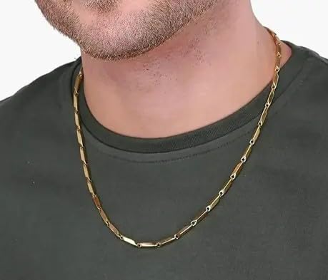Stainless Steel Rice Chain Gold Plated Twisted Bar Design for Men and Boys (Gold)
