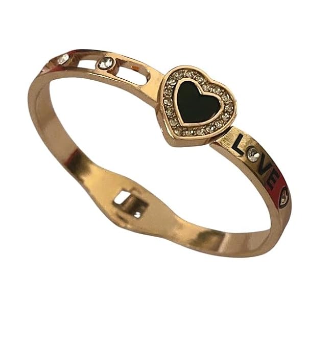 Rose Gold Heart Charm Bracelet, Love Design with Black Enamel, 18cm, stylish