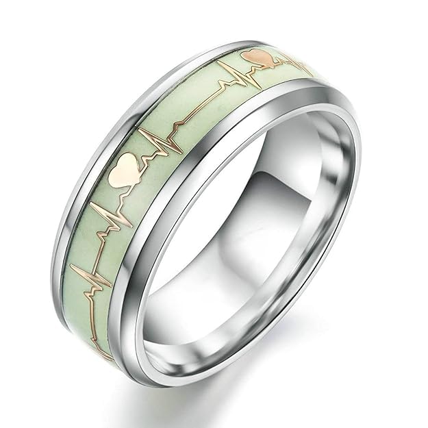 Glow in The Dark 8MM Silver ECG Heartbeat Ring, Luminous Glow Stainless Steel Ring For Men Boys Women Girls Size 17-20