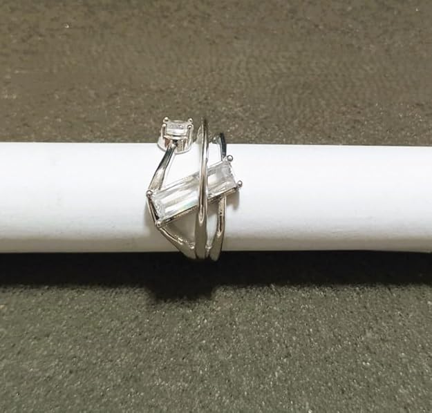 Adjustable SilveRing with White Crystal and Clear Stone, Modern Design Blue and White for Women