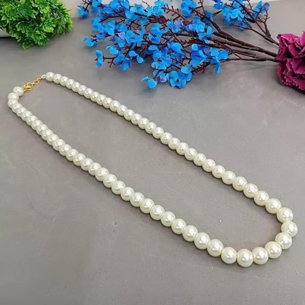 Round Pearl Mala Necklace 8mm Pearl Necklace for Men or Women, Pearl Choker Necklace Fashion Jewellery for Men and Women White