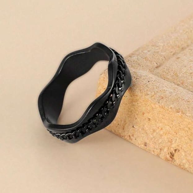 Black Stainless Steel Chain Link Ring, Wavy Design, Unisex Fashion Band Finger Ring for Men Size 17-20