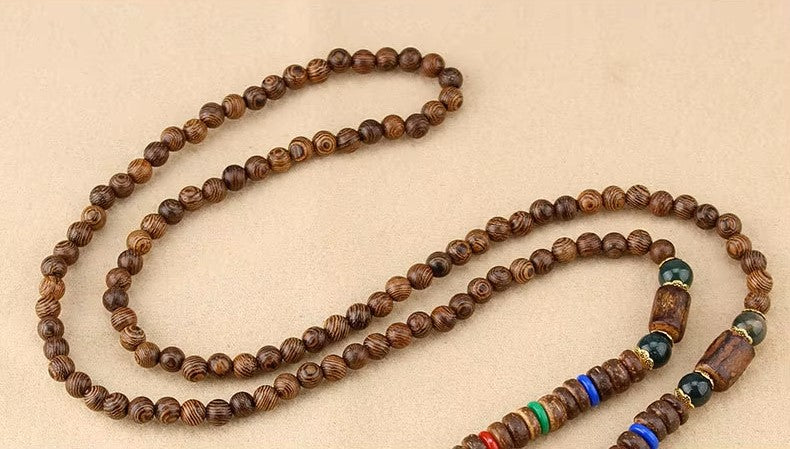 Vintage Nepal Long Buddhist Mala Wood Beaded Pendant & Necklace Ethnic Bohemian Boho Buddha Lucky Jewellery for Men and Women