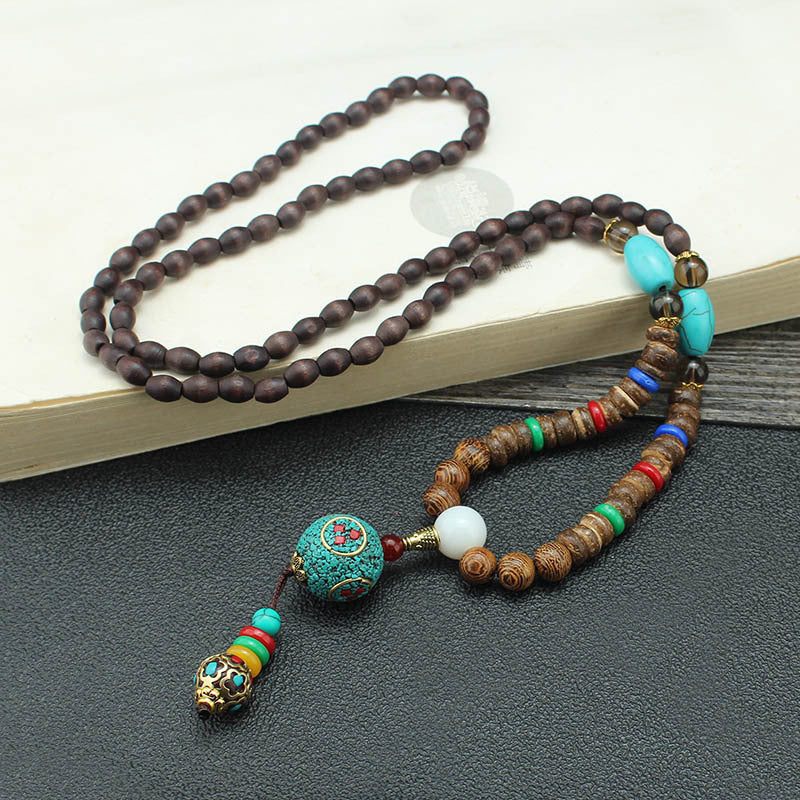 Stylish Wood Bead Long Necklace with Blue Pendant with Turquoise Stone, Decorative Pendant, Multicolour for Men & Boys or WOmen (36 Inch)