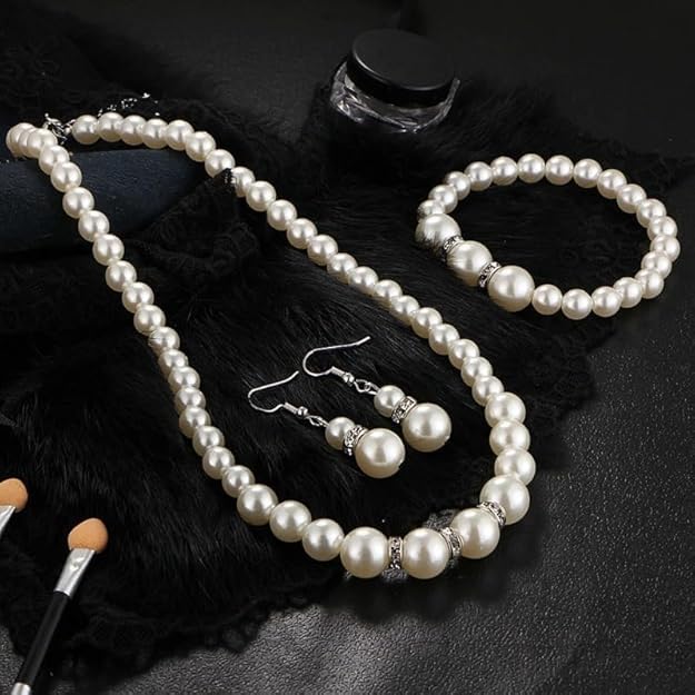 White Pearls with Crystal Choker Necklace, Earrings and Bracelet Jewelry Set for Women & Girls