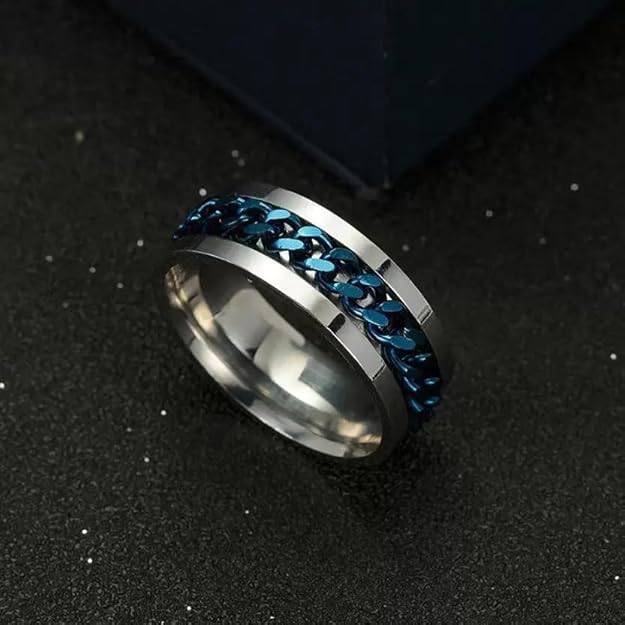 Fidget Ring for Men Anxiety Rings: 8mm Stainless Steel Spinner Ring, Stress Relief Spinning Ring in Blue for Men & Boy Size 5-11