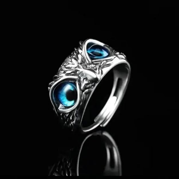 Evil Blue Eye Owl Face Ring Silver Alloy Adjustable Ring For Men Boys Women Girls