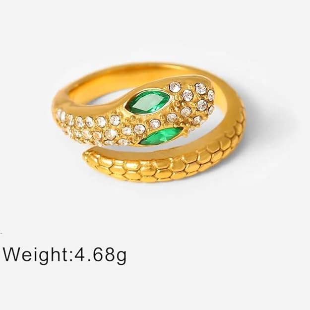 Fashion Jewelry Adjustable Green Eye Snake Head Shape Zircon Pave 18K Gold Plate Stainless Steel Gold Snake Ring for Women