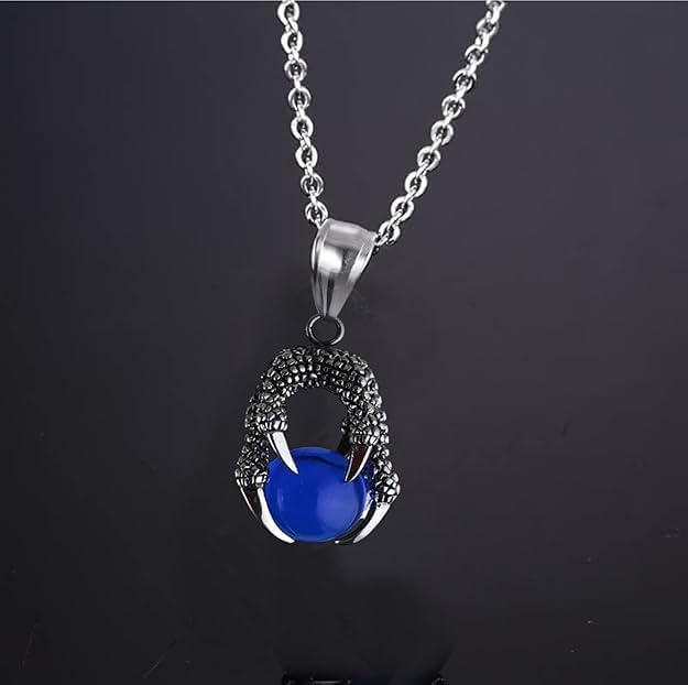 Stainless Steel Chain Dragon Claw Pendant Necklace Blue Silver Black Blur Glass Bead Pendant Retro Style Jewellery Accessories 22" Blue