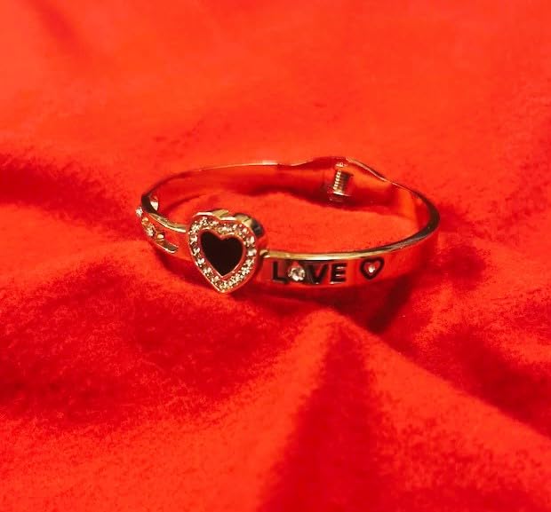 Rose Gold Heart Charm Bracelet, Love Design with Black Enamel, 18cm, stylish