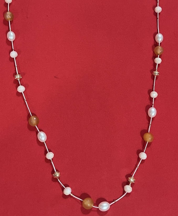 Pearl and Amber Beaded Necklace, Long Length, Blue-Tone Accents, Pink Cord For Women Size 19" Long