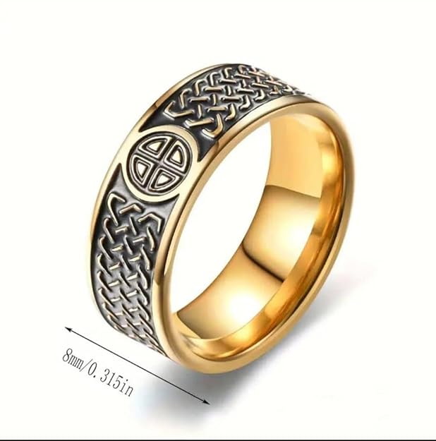 Stainless Steel Celtic Knot Ring Gold Plated Band, Traditional Irish Design Western Band Ring for Men and Boys Size 17-20