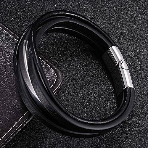 Classic Multi-Layer Black Leather Bracelet with Stainless Steel Accessories with Magnet Buckle for Men and Boys