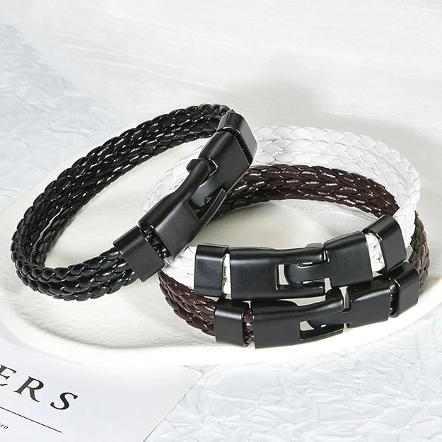 Biker Triple Layer Black Handcrafted Genuine Leather Wrist Band Wrap Bracelet For&nbsp;Men &amp; Boys Black