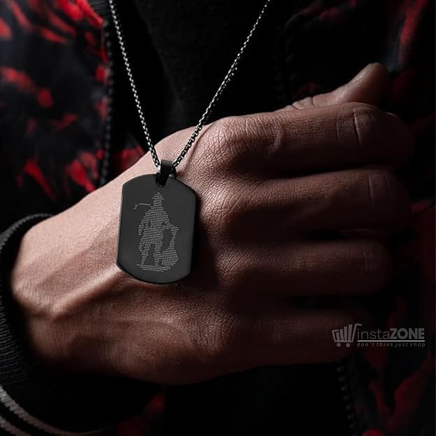 Dog Tag Stainless Steel Necklace Hanuman Chalisa and Gada Micro-carved Locket & Pendant Men & Guys in Black 22"”