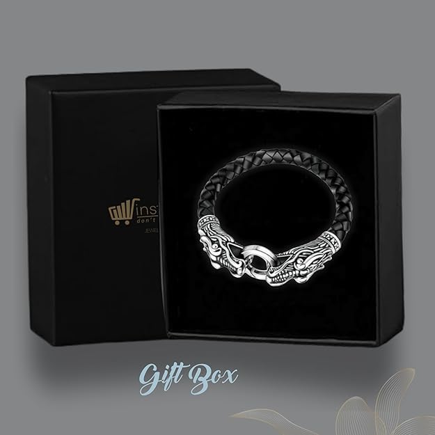 Biker Punk Lion Dragon Leather Stainless Steel Kada Bangle Bracelet