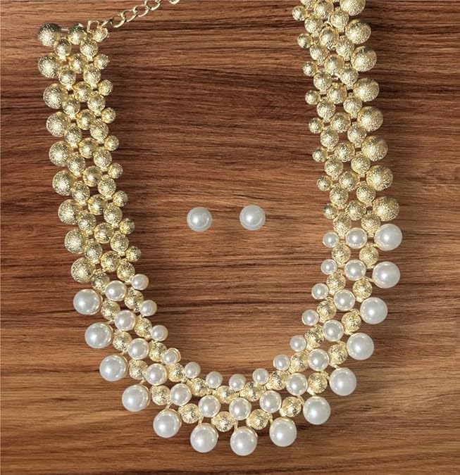 Pearl and Gold Tone Beaded Statement Necklace Set with Stud Earrings, Double Layer Chain Design Necklace Set for Women/Girls