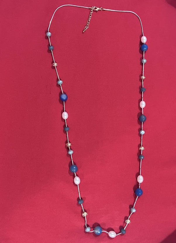 Pearl and Amber Beaded Necklace, Long Length, Blue-Tone Accents, Pink Cord For Women Size 19" Long