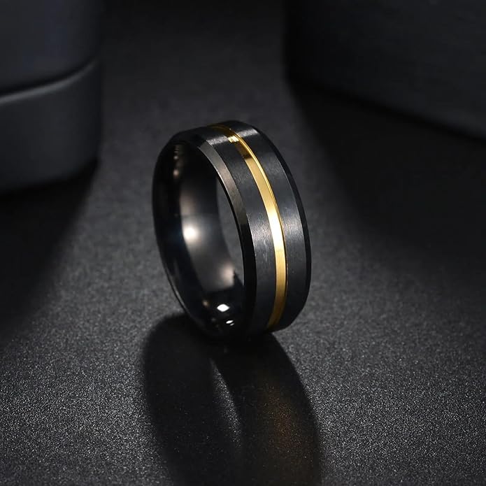 8mm Gold Groove Beveled Edge Black Tungsten Wedding Ring For Men Black Polished Steel Engagement Ring Mens Wedding Bands Size 17-21