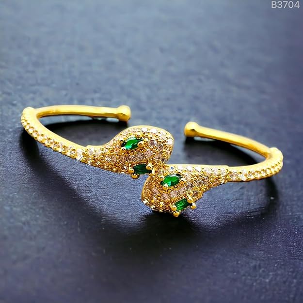 Green Emerald Snake 18K Gold Cubic Zirconia Cuff Kada Bangle