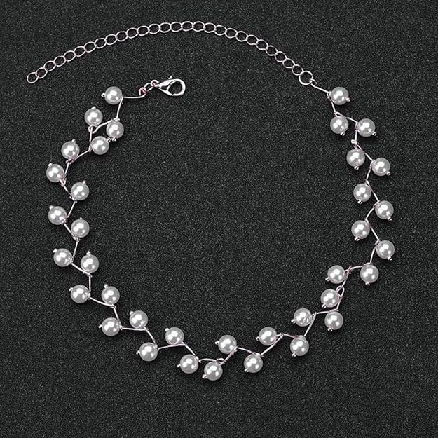 Pearl Link Chain Pearl Brass Choker Necklace Earring Set Girls Women