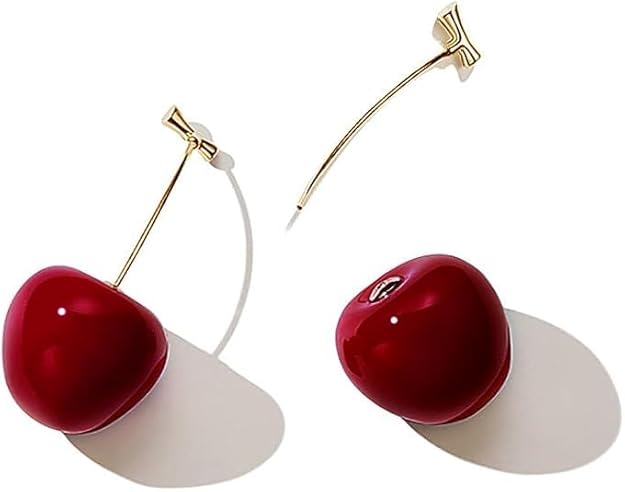 Cherry Drop Earrings, Gold-Plated, Red Enamel, Fashion Statement Dangle Gift for Women and Girls