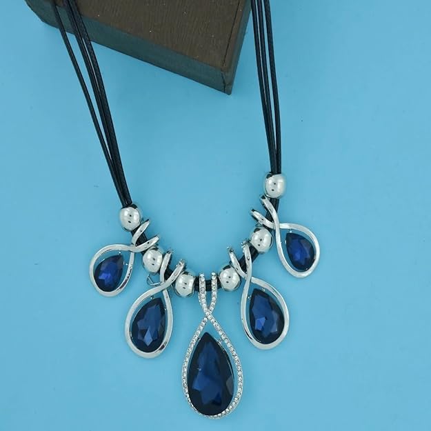 Stylish Blue Crystal Grey Necklace For Girls Women