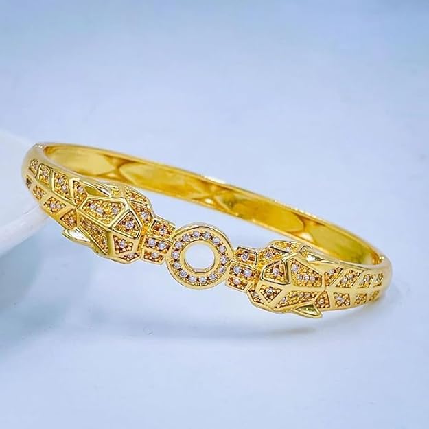 Dual Panther Evil Eye Enamel Cubic Zirconia Copper Gold Bangle Kada Women
