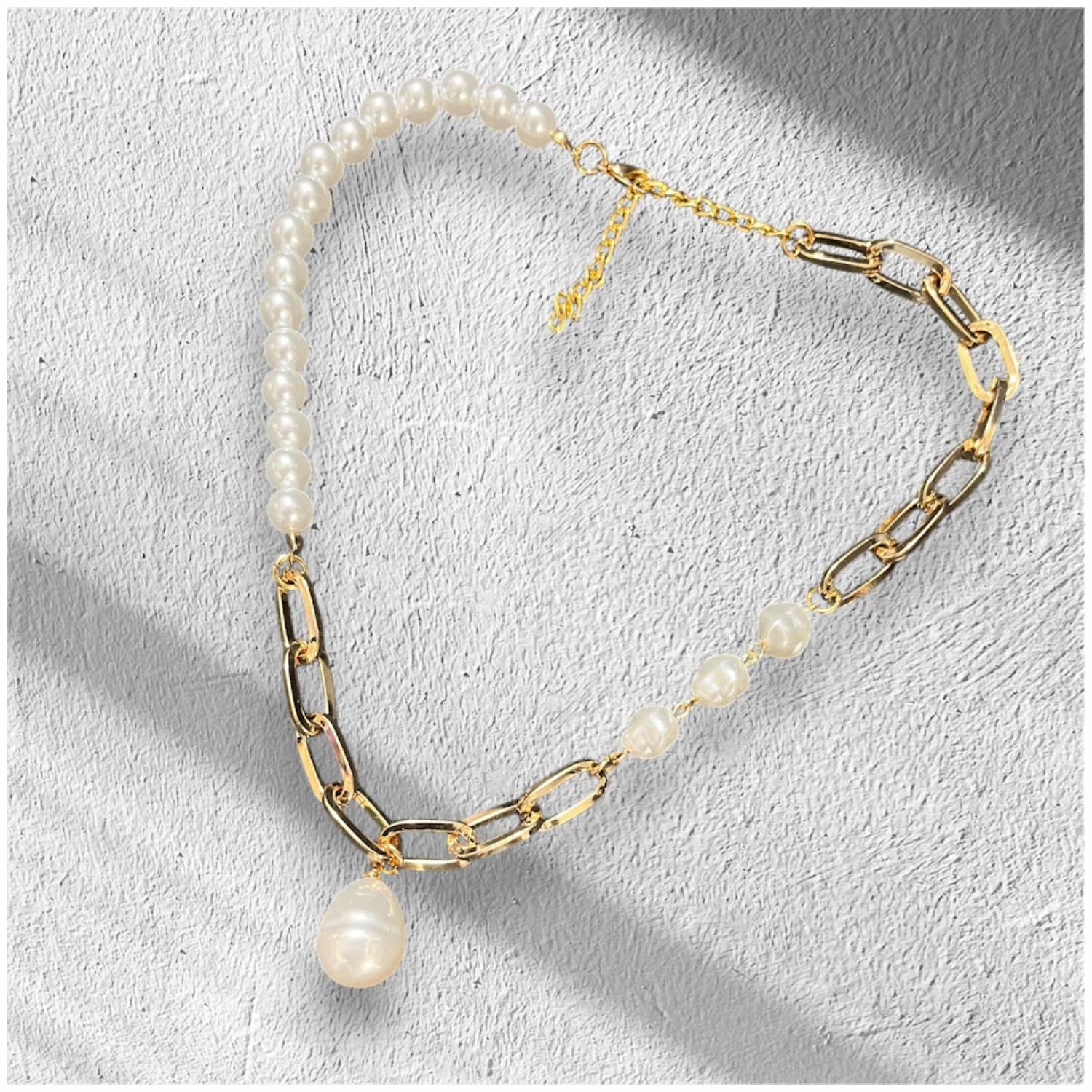 Pearl Chain Link Necklace, Gold-Toned Mixed Design, Pearl Drop Pendant, Fashion Statement Jewellery For Womens