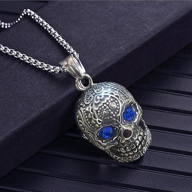 Pendant Necklace With Blue Eye Cubic Zirconia Hip Hop Necklace | Punk Skull Gothic Jewellery Gift, Stainless Steel chain 22"
