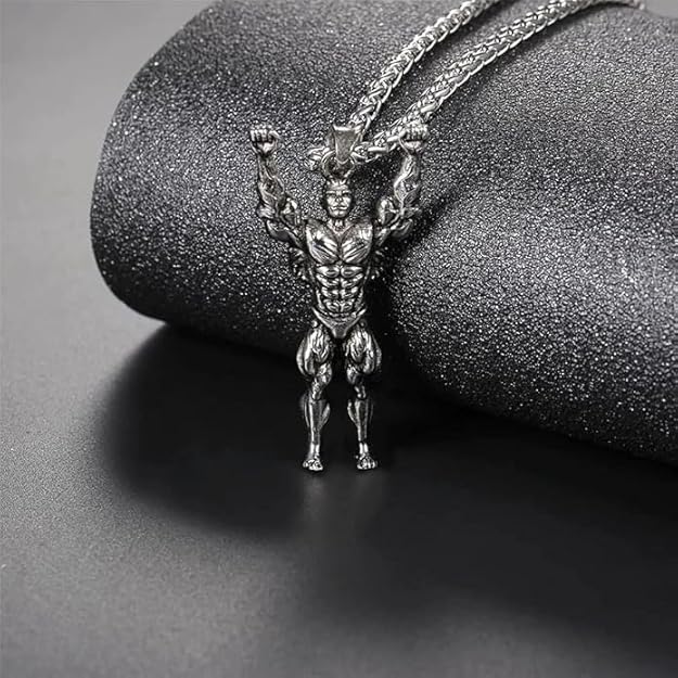 Stainless Steel Bodybuilder Wrestler Pendant Necklace Box Chain for Men and Boys 24"