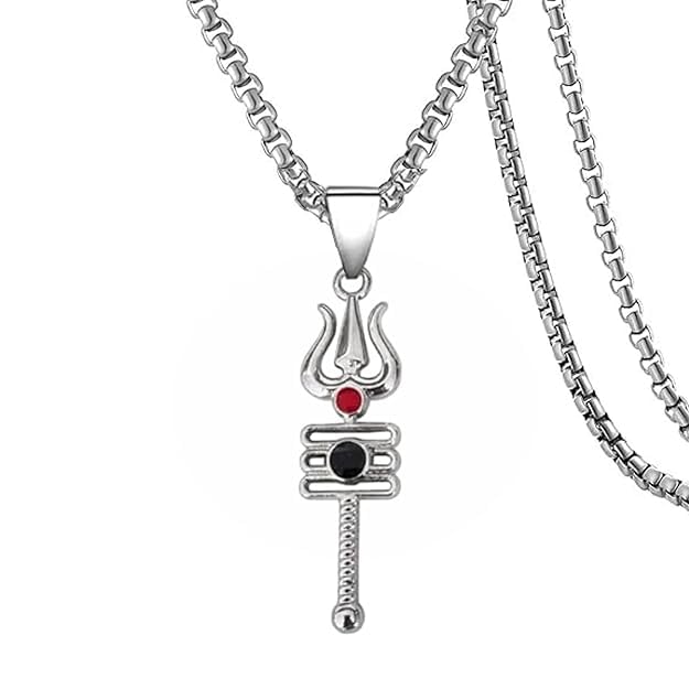 Mahadev Locket Jyotirling Dog Tag and Trishul Stainless Steel Pendant Necklaces, 22" Black and Silver, Combo Pack of 2