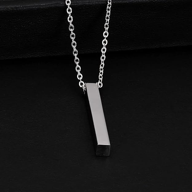 Fancy Black 3D Cuboid Vertical Bar Stick Locket Pendant 24 inches Chain Stainless Steel Pendant Set Boys Mens SIlver