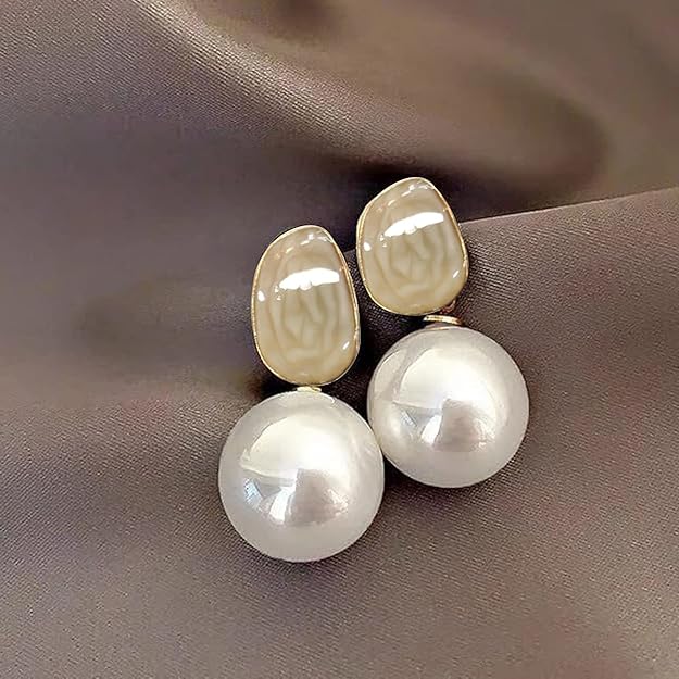 Elegant Pearl Drop Earrings, Gold Plated Fashionable Korean Circle of Life Gold-Tone Accent, White Faux Pearl Studs