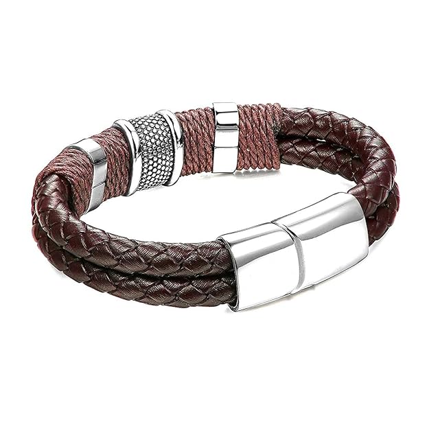 Rope Braided Brown Leather Stainless Steel Wrist Band Bracelet Accents, Magnetic Clasp for Men