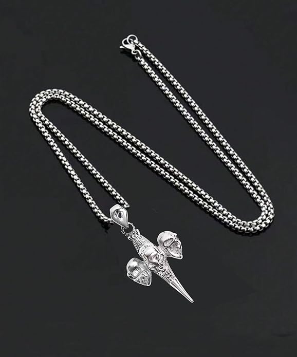 Gothic Triple Skull Pendant with Chain Stainless Steel Box Chain Cross Detail for Men Size 24