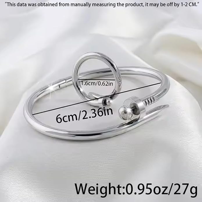 Stainless Steel Women Simple Versatile Style Nail Adjustable Ring Bracelet Earings Necklace Collar Jewellery 4 Piece Set