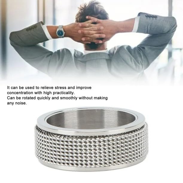 Spinner Ring for Men and Woman, Silver Steel Black Titanium Steel Ring Personalized Woven Mesh, (8mm width) Size 17-20