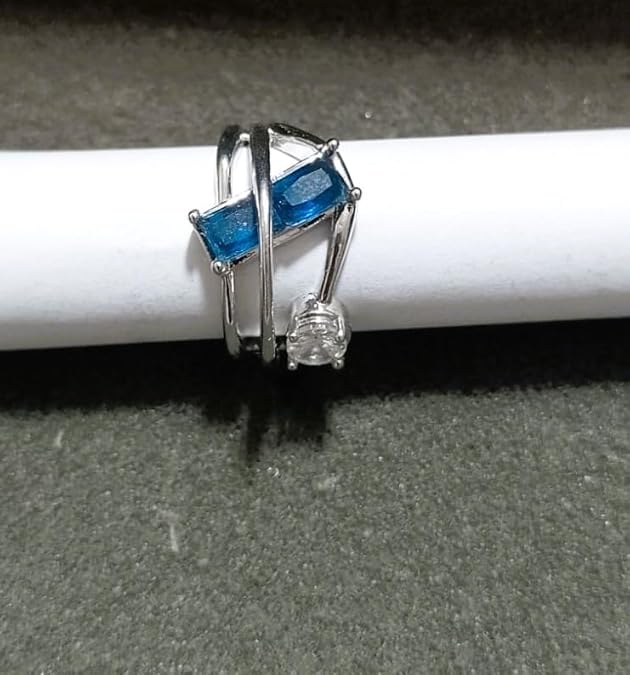 Adjustable Silver Ring with Blue Crystal and Clear Stone, Modern Design Blue and White for Women