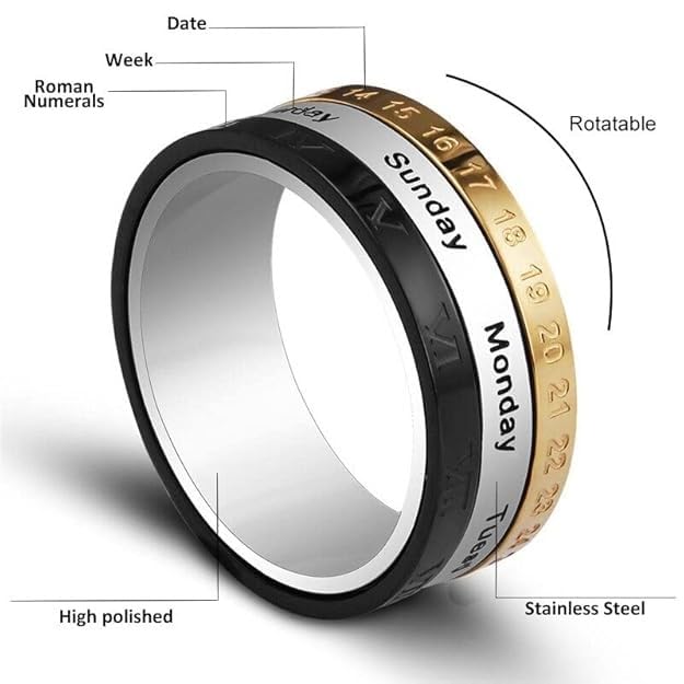 Calendar Spinner Ring, Roman Numerals Rotatable Ring, Stainless Steel Anxiety Ring, Fidget Ring, Worry Relief Ring&nbsp, Size 17-20